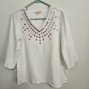 Vtg Choices White Tunic Blouse Top Multicolor Embroidered Reflective Accents Sm